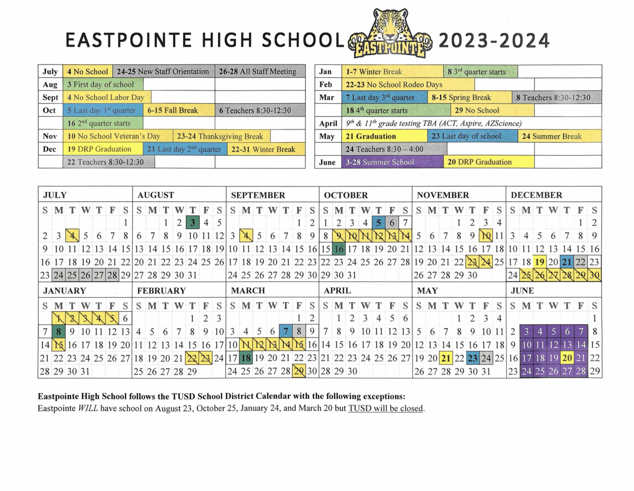 Calendar of Events Eastpointe High School Year Calendar